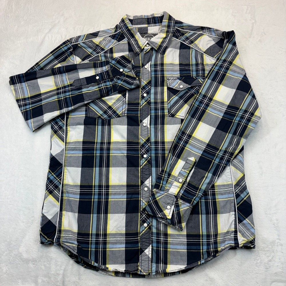 BKE Athletic Fit Plaid Western Snap Button Down Shirt Blue Yellow XXL